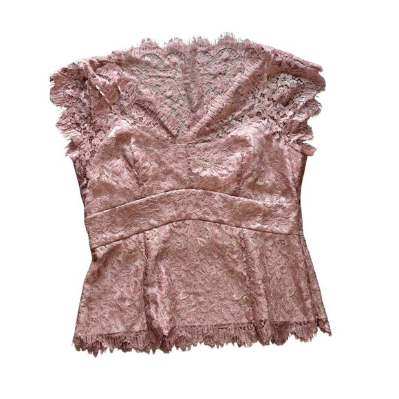 Ann Taylor Petites 6P Pink Rose Lace Peplum Top Cap Sleeves  V-Neck Y2K Romantic - Picture 1 of 8